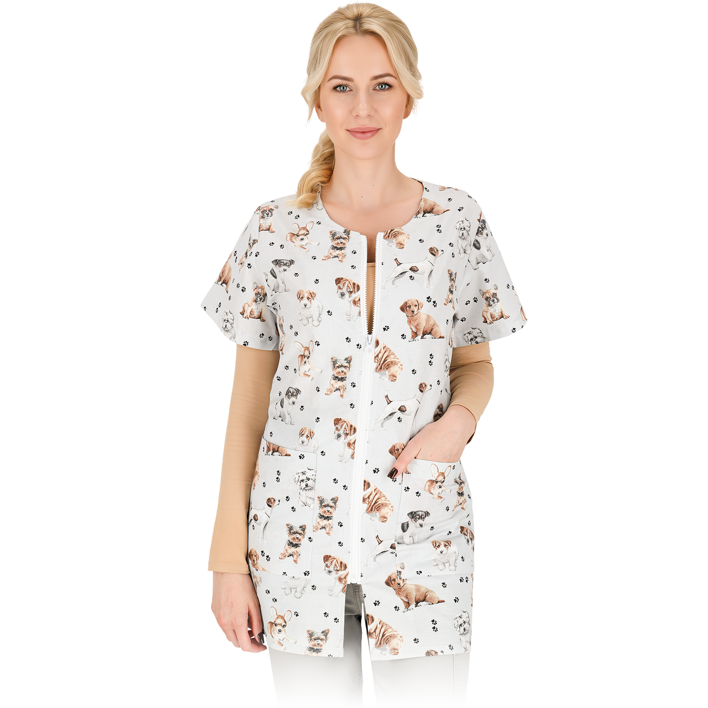 Veterinarijos sričiai sukurta moteriška tunika PUPPY, su užtrauktuku