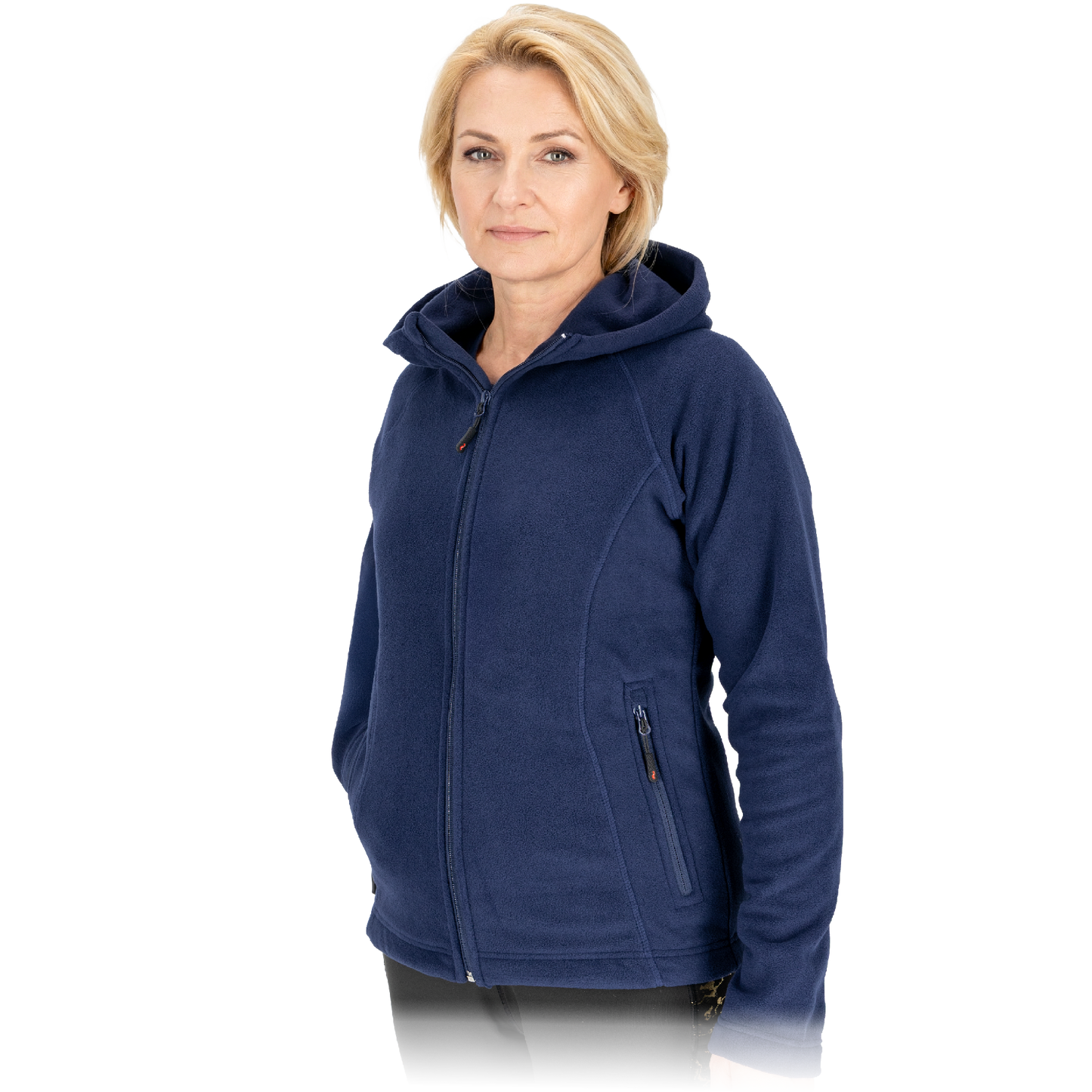 Minkštas, šiltas ir patogus moteriškas flisinis džemperis POLAR LADY, su gobtuvus, mėlynos spalvos