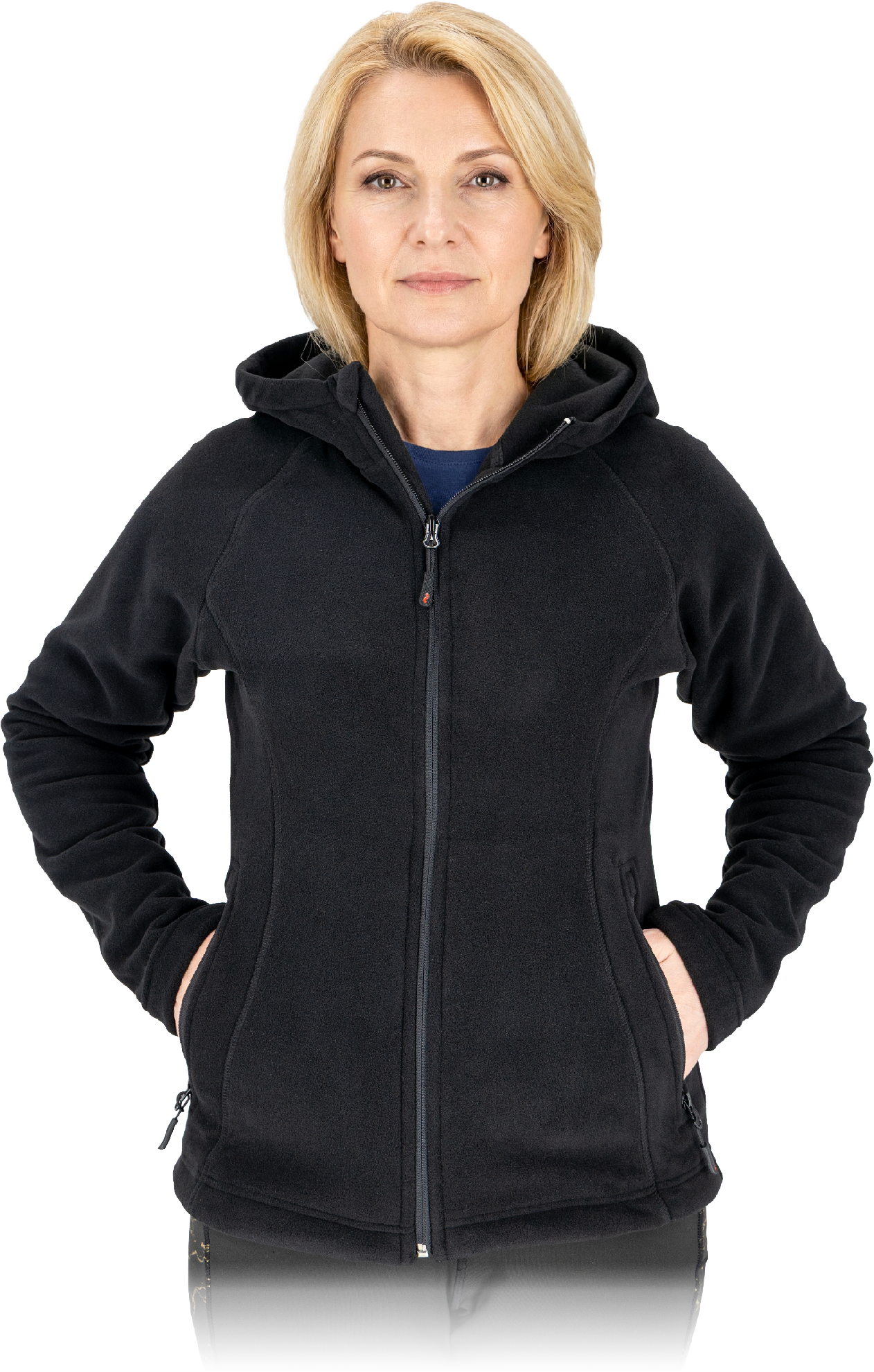 Minkštas, šiltas ir patogus moteriškas flisinis džemperis POLAR LADY, su gobtuvus, juodos spalvos