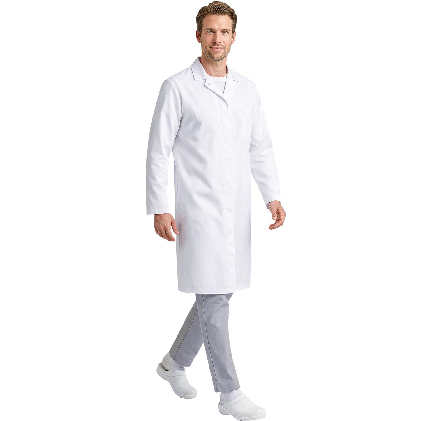 Vyriškas apsiaustas FOOD CME, atitinka HACCP standartą, pritaikytas darbui maisto pramonėje