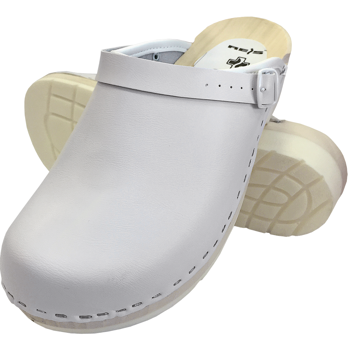 Profesinė avalynė darbui (klumpės). Odinės klumpės, sukurtos maksimaliam komfortui ir higienai darbo vietoje. Pilnas ortopedinis profilis.   Odinė viršutinė dalis atviru kulnu pločio reguliavimas dirželiu viršutinė dalis yra pritvirtinta prie pado konstrukcijos avalynė su dviejų funkcijų dirželiu, uždedama ant kulno medinė konstrukcija su neslystančiu padu, pagamintu iš gumos mišinio pilnas ortopedinis profilis atitinka EN ISO 20347 reikalavimus