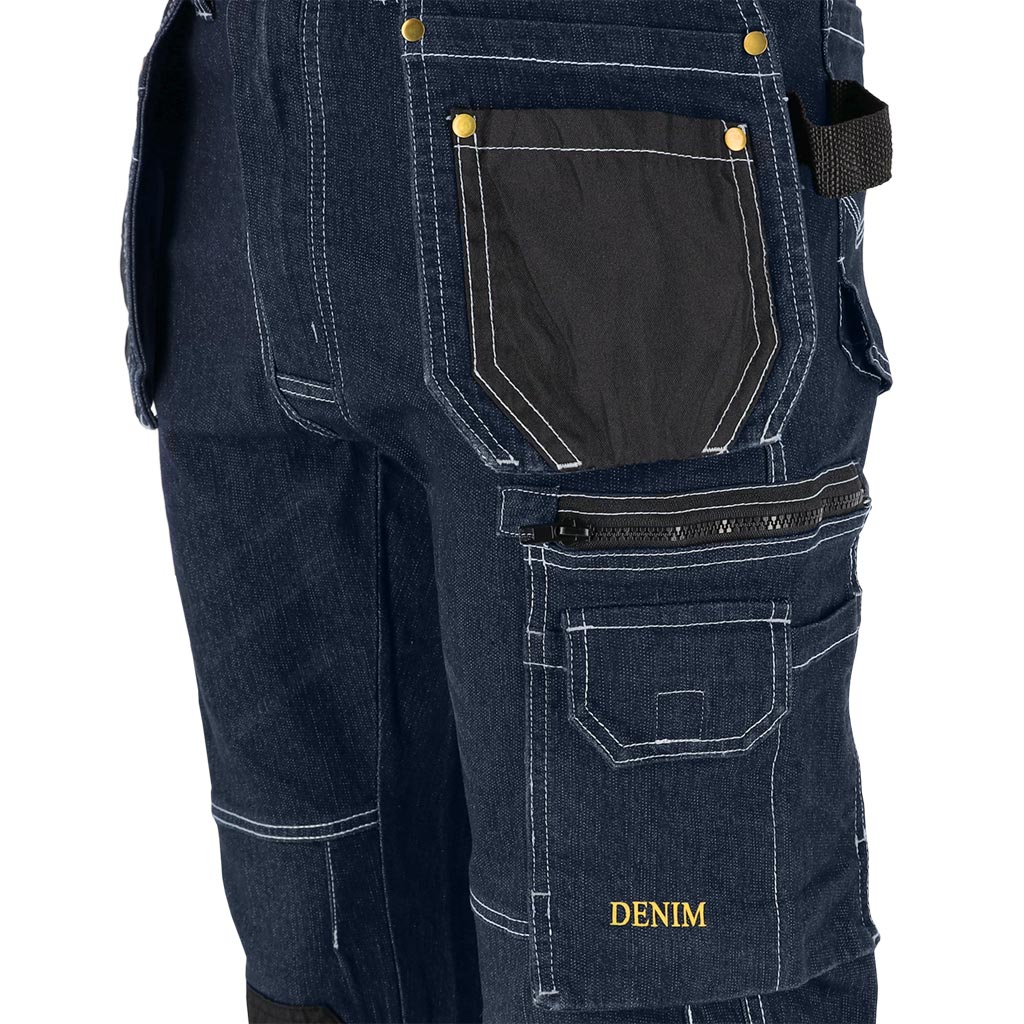Itin tvirtos ir patogios džinsinės medžiagos darbo kelnės JEANS 415, su kabančiomis kišenėmis, mėlynos spalvos