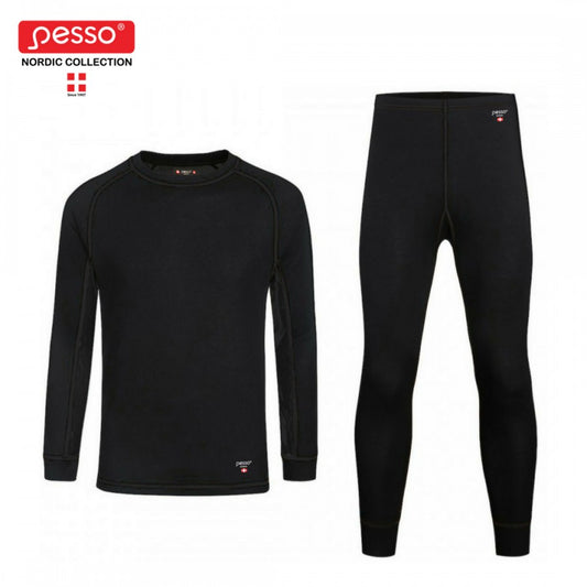 Pesso Thermo Merino komplektas-  tai pirmo sluoksnio drabužiai, padedantys išlaikyti optimalią kūno temperatūrą. Dėl unikalios strikotažinės medžiagos mezgimo struktūros šie gaminiai yra labai ploni, minkšti, gerai priglundantys prie kūno, todėl gali būti dėvimi ne tik intensyviai sportuojant, bet ir kaip apatiniai drabužiai.  