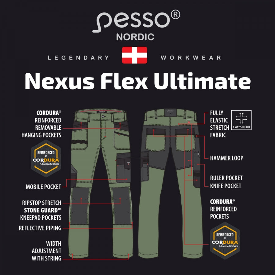 Profesionalios darbo kelnės Pesso Nexus Flexpro 185, žalios spalvos