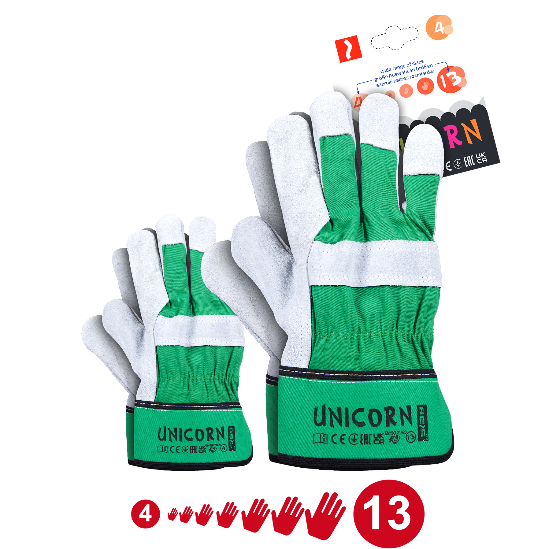 Apsauginės darbo pirštinės CORN, sustiprintos galvijų oda, dydžiai nuo 4 iki 13