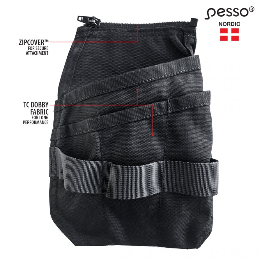 Pakabinama tūrinė kišenė įrankiams Pesso, dešinė | POCKET1R Nusegama itin tvirto poliesterio/medvilnės 88/12 TC DOBBY audinio tūrinė kišenė. Kišenė turi kelias papildomas sekcijas. Itin talpi. Kišenės tvirtinamos sistema ZIPCOVERTM patogiam ir saugiam užsegimui. Kišenės tinkamos Pesso kelnėms. Audinys: 88% pliesteris, 12% medvilnė TC DOBBY audinys