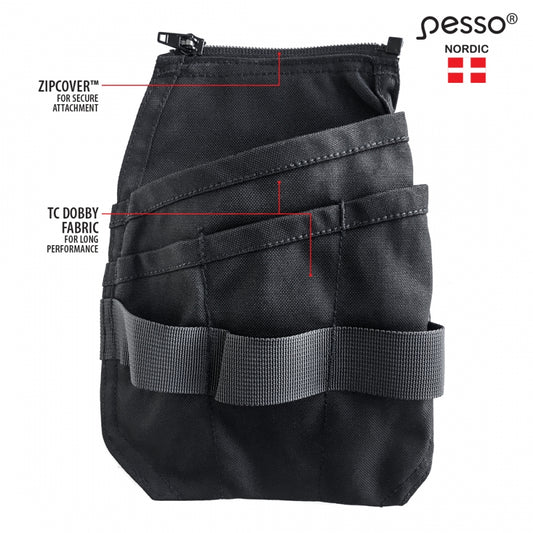 Pakabinama tūrinė kišenė įrankiams Pesso, dešinė | POCKET1R  Nusegama itin tvirto poliesterio/medvilnės 88/12 TC DOBBY audinio tūrinė kišenė.  Kišenė turi kelias papildomas sekcijas. Itin talpi. Kišenės tvirtinamos sistema ZIPCOVERTM   patogiam ir saugiam užsegimui.  Kišenės tinkamos Pesso kelnėms.  Audinys: 88% pliesteris, 12% medvilnė TC DOBBY audinys