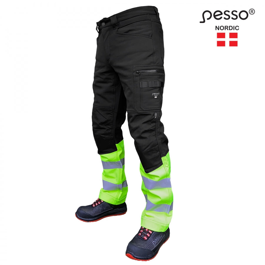 Softshell darbo kelnės PESSO MERCURY, juodos su ryškaus matomumo geltonomis detalėmis