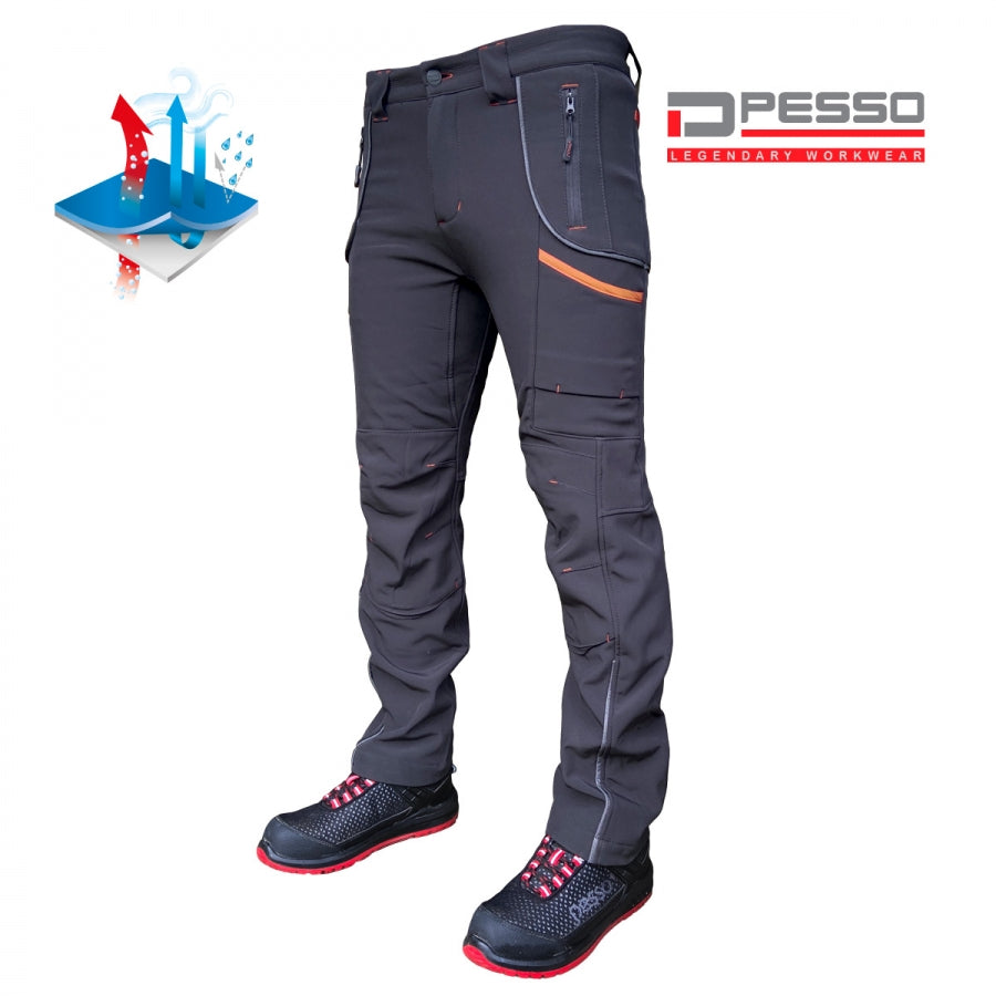 Atstumiančios drėgmę, neperpučiamos, tačiau „kvėpuojančios“ dvisluoksnės Softshell medžiagos darbo kelnės NEBRASKA. Malonus šiltas Fleece audinio vidus. Unisex stiliaus – kelnės tinka tiek vyrams, tiek moterims. Itin patogios.
