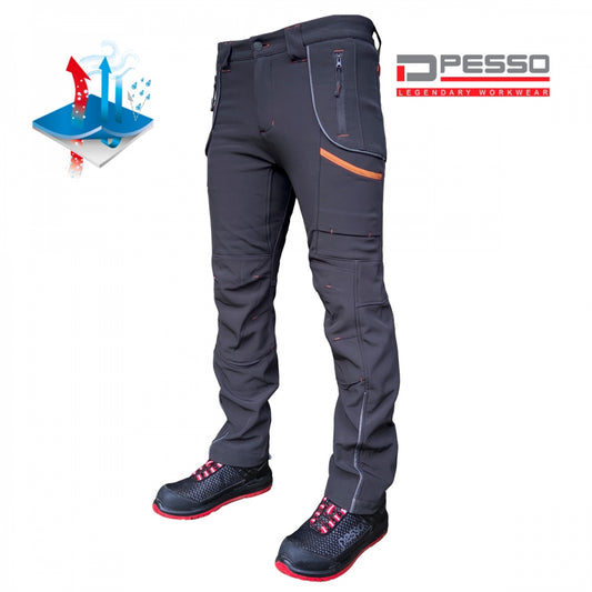 Atstumiančios drėgmę, neperpučiamos, tačiau „kvėpuojančios“ dvisluoksnės Softshell medžiagos darbo kelnės NEBRASKA. Malonus šiltas Fleece audinio vidus. Unisex stiliaus – kelnės tinka tiek vyrams, tiek moterims. Itin patogios.