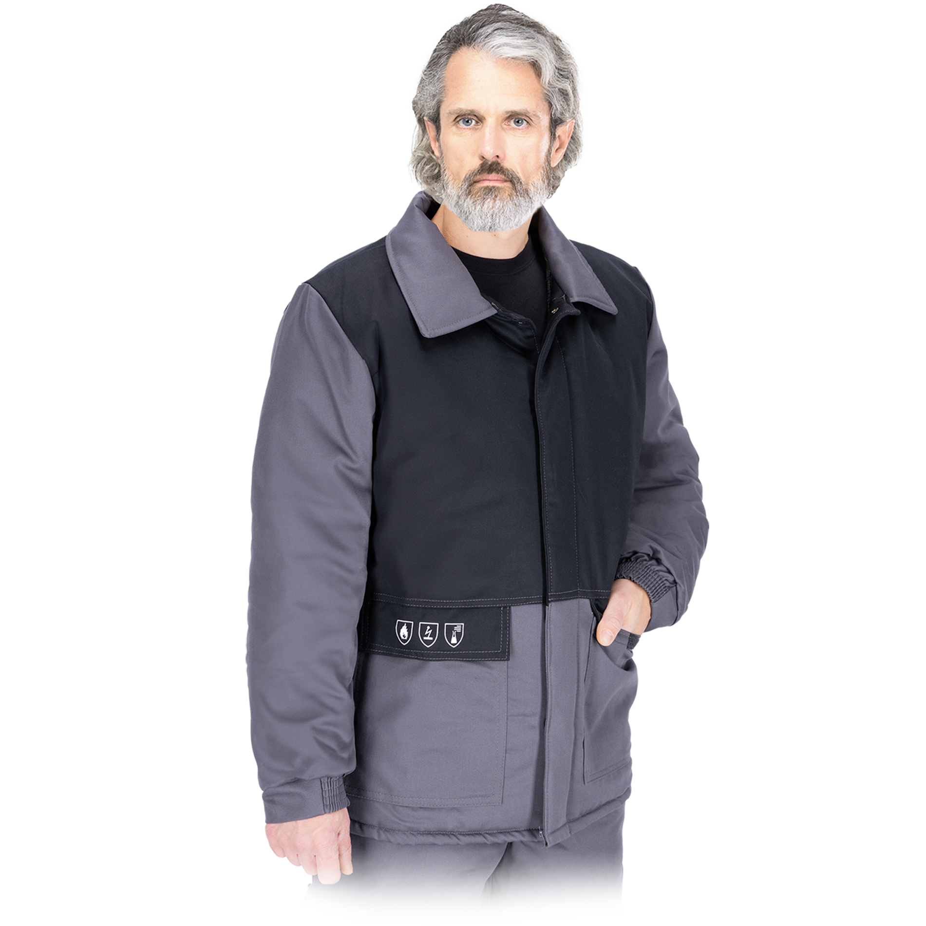 Apsauginė striukė darbui, skirta darbui aplinkoje, kurioje reikalinga galimybė išsklaidyti elektrostatinį krūvį, kad būtų išvengta padegamųjų iškrovų ir kur yra pavojus: užsidegti dėl trumpalaikio sąlyčio su liepsna, šiluminės spinduliuotės, išlydytos geležies purslų, skystų chemikalų.