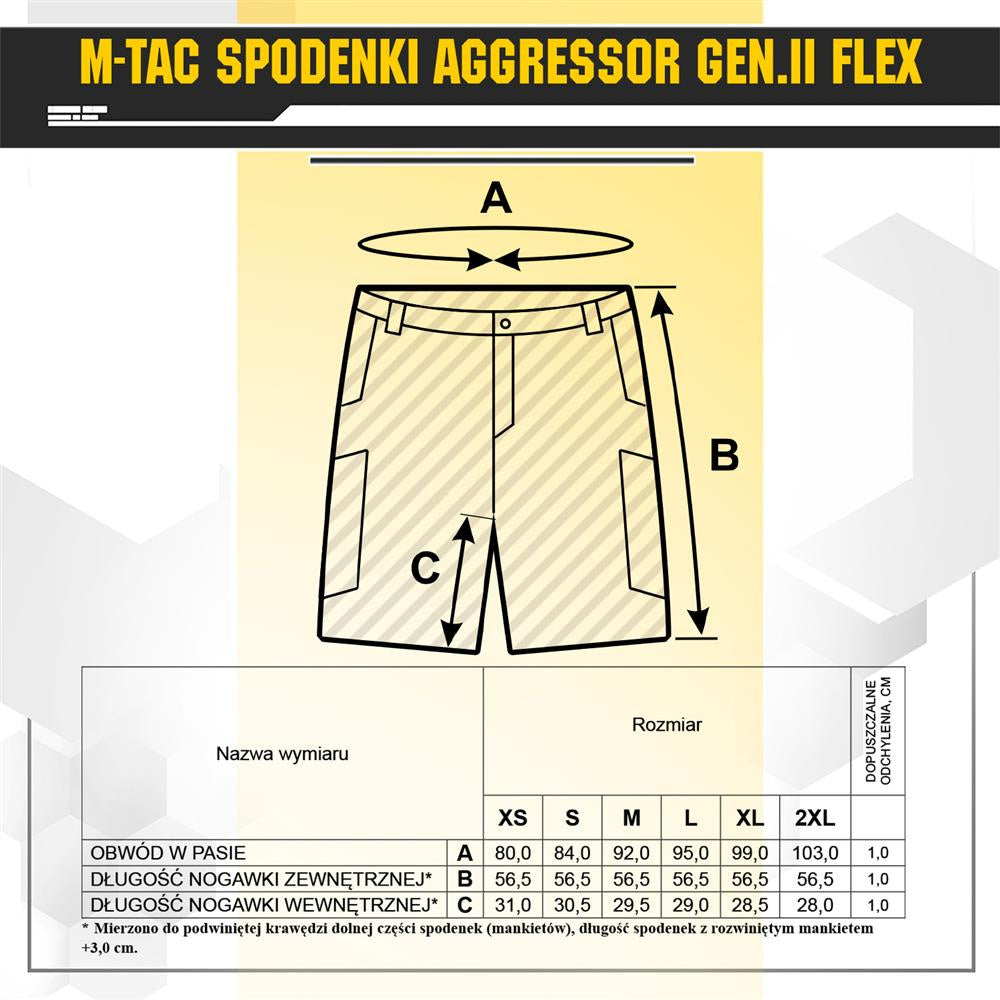 Universalūs, tvirti ir funkcionalūs šortai M-Tac Aggressor 2 Flex, Spalva Dark Olive
