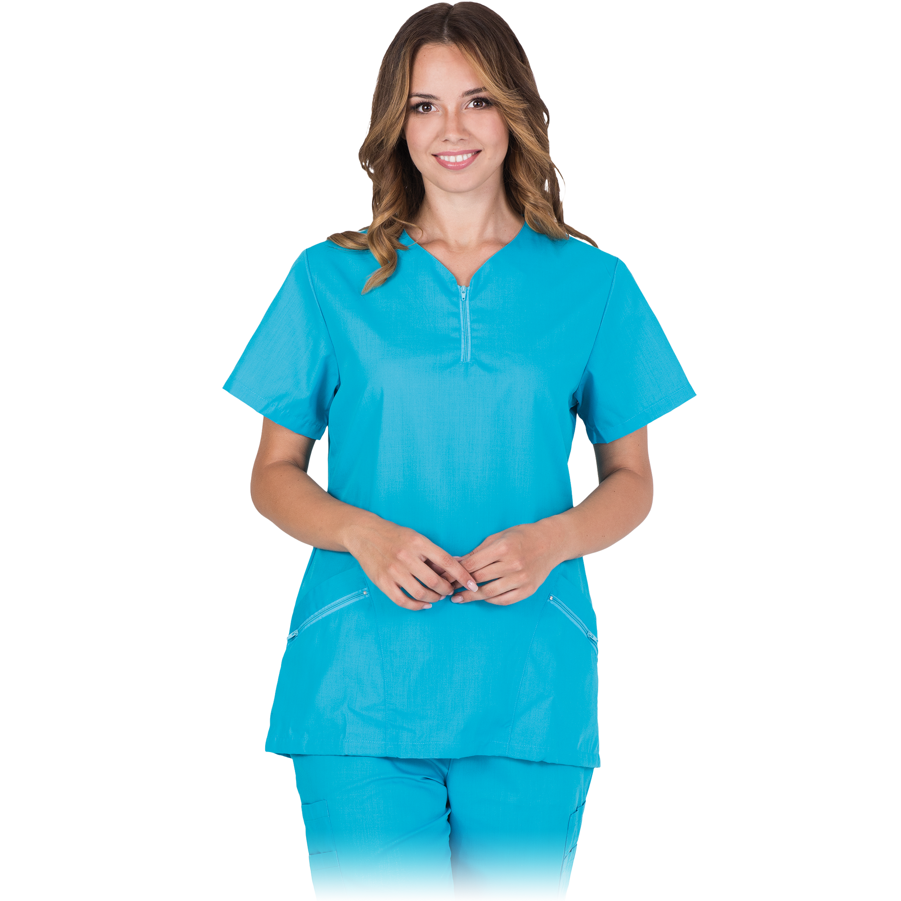 Moteriškas švarkelis trumpomis rankovėmis. Skirtas darbui paslaugų, medicinos, sveikatos priežiūros, maisto gamybos bei kitose pramonės srityse. Medžiaga: 65% poliesteris, 35% medvilnė Svoris 145 gsm turi dvi dvigubas šonines kišenes iškirptė užsegama užtrauktuku dėvėta virš galvos nedideli plyšeliai šonuose idealiai tinka kosmetikos, medicinos ir chemijos pramonei