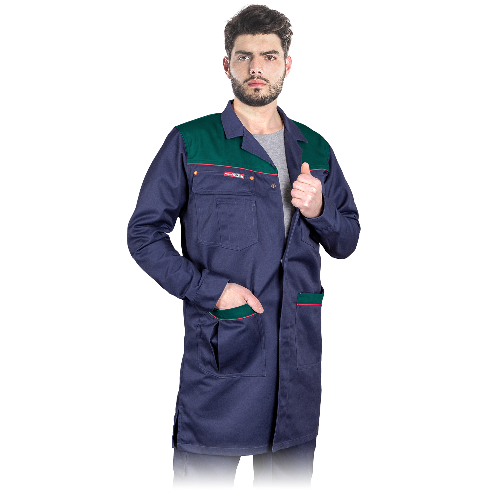 Vyriškas apsiaustas, skirtas darbui gamybos srityje. Puikiai tinka dirbant darbui medžio apdirbimo srityje.
