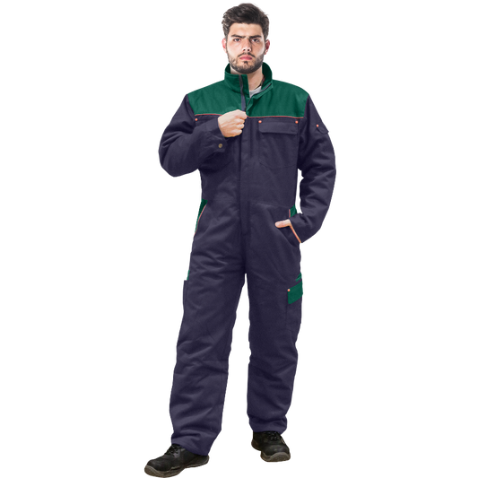 Šiltas kombinezonas darbui. Vyriškas modelis darbo rūbų.