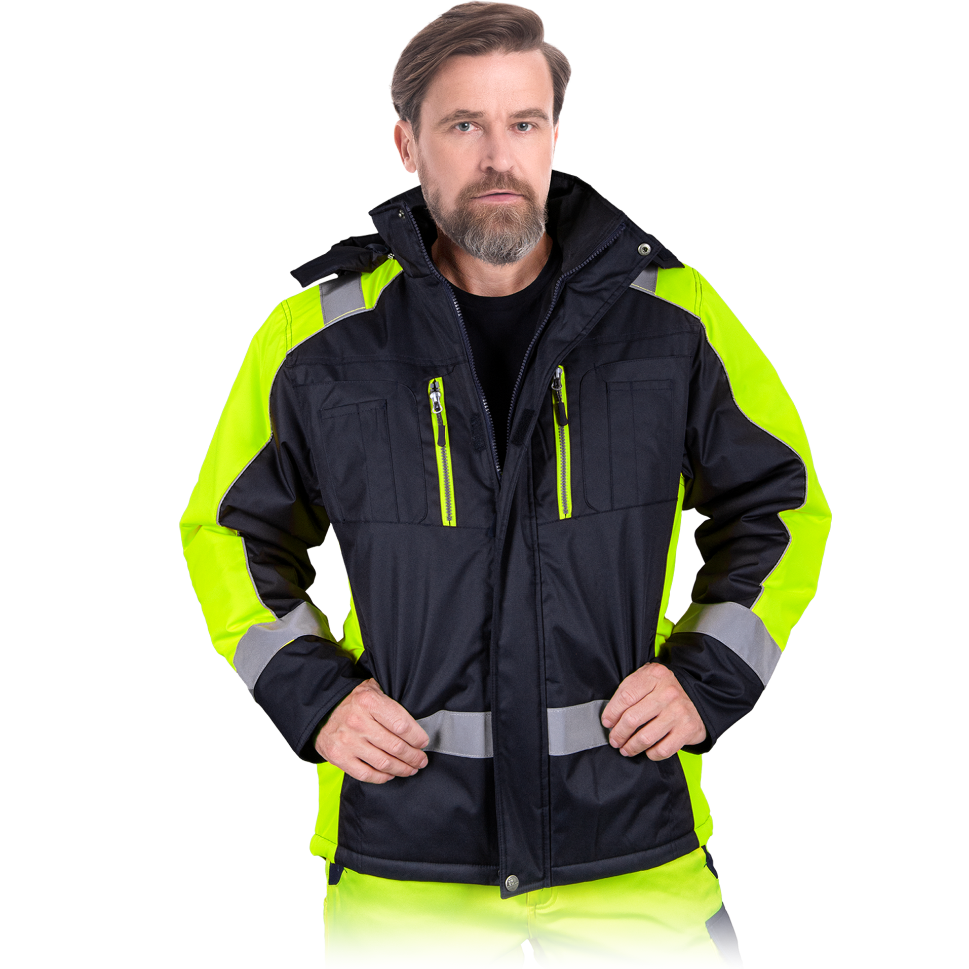 Sertifikuota striukė darbui su šviesą atspindinčiomis juostomis ir nusegamu kapišonu. Atitinka ENISO20471 standarto reikalavimus.