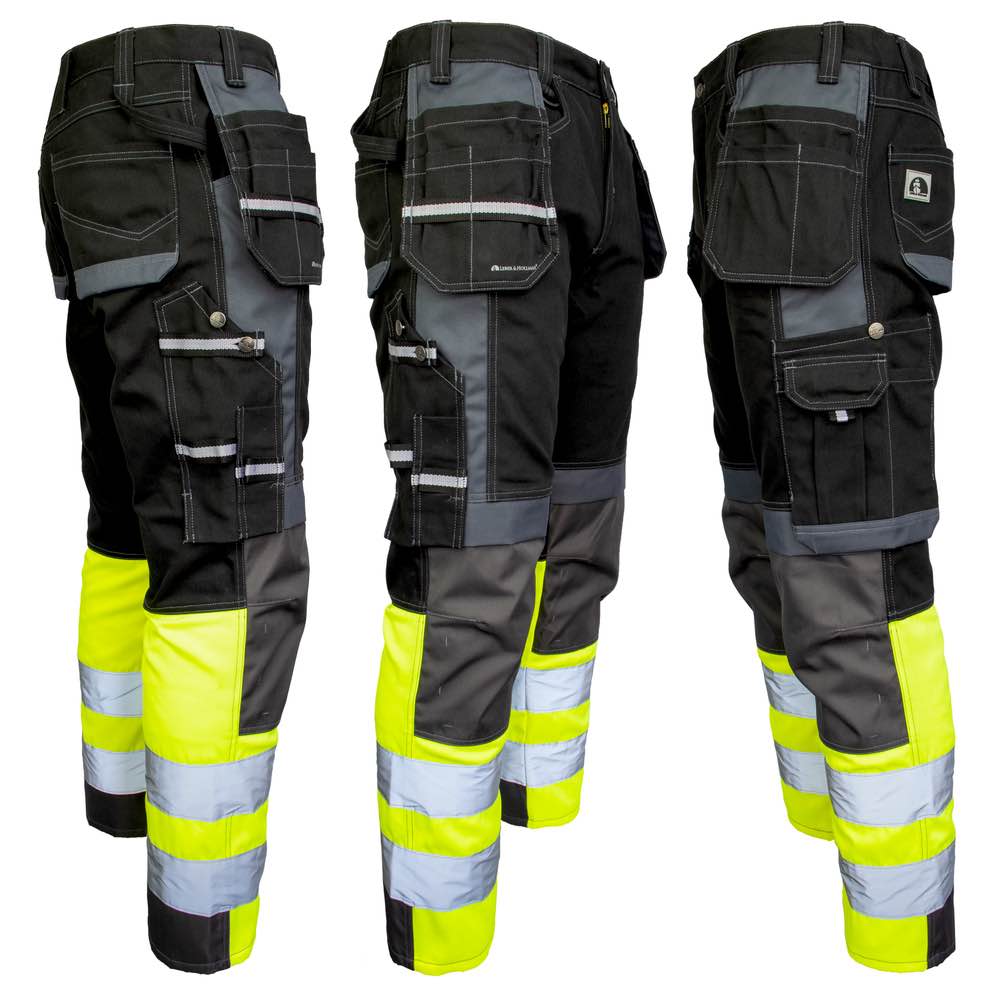 signalinės darbo kelnės, juodos spalvos, su šviesą atspindinčiomis juostomis