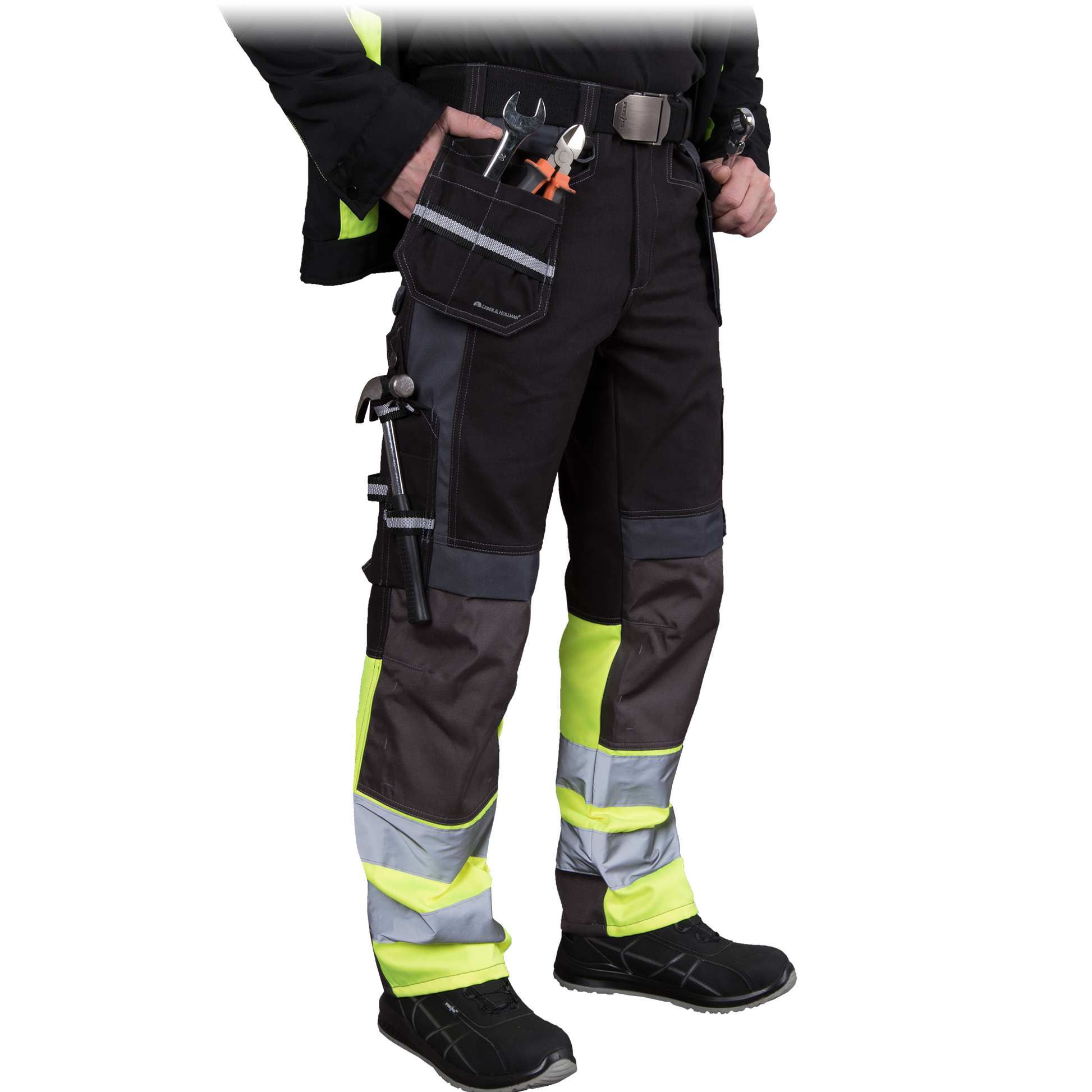 Darbo rubai ir apranga. Tvirtos vyriškos darbinės kelnės su šviesą atspindinčiomis juostomis.