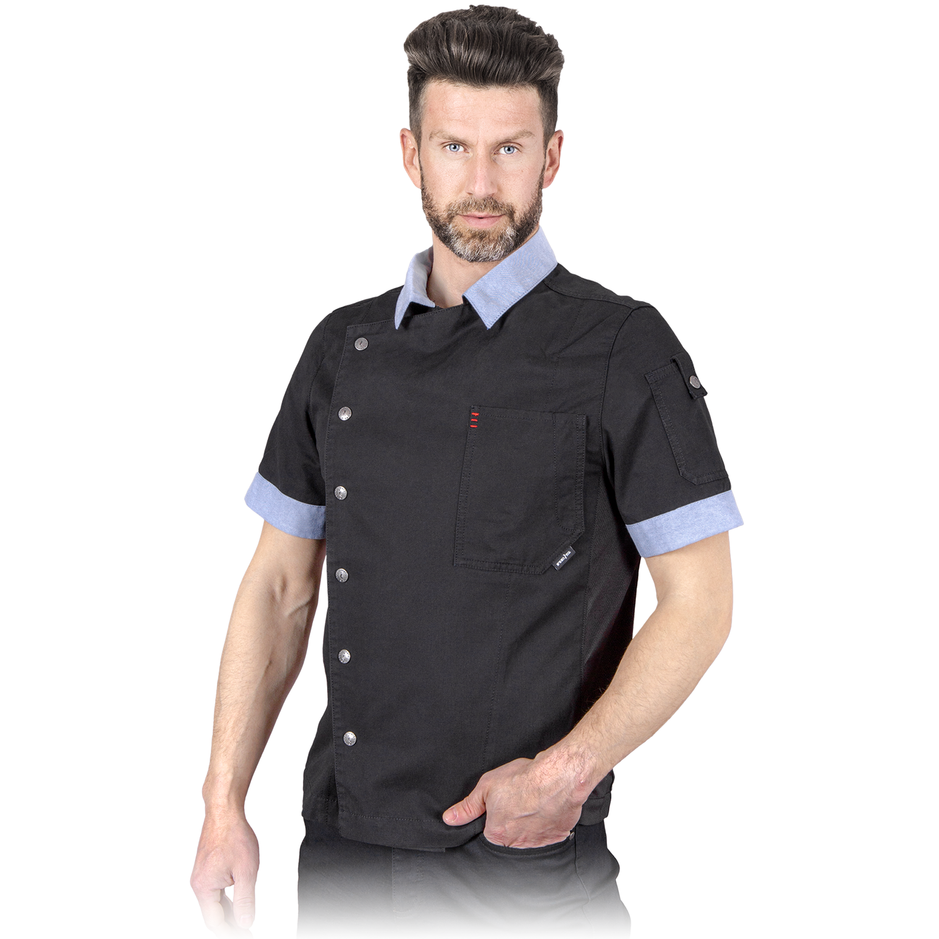 Juodos spalvos virėjo švarkelis, skirtas profesionaliam darbui maisto gamybos srityje. Trumpomis rankovėmis, pasiūtas iš medvilnės. Užsegamas sagomis. Tinka naudoti virtuvės darbuotojams, virėjams, šefams, konditerijos darbuotojams. Rūbai pritaikyti maisto pramonei.