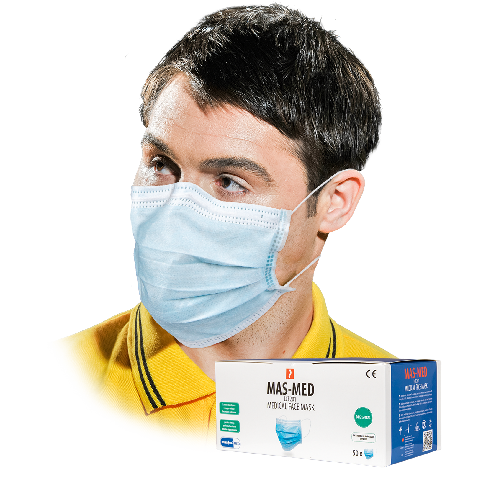 Trijų sluoksnių medicininė kaukė iš polipropileno.  storis: 25 g/m² + 25 g/m² + 25 g/m² (1/2/3 sluoksnis) Su dviem elastinėmis juostomis, pritvirtintomis prie šonų metalinė juostelė nosies aukštyje dedama į nedidelę dėžutę su dozatoriumi, leidžiančiu patogiai laikyti maža pakuotė - 50 vnt. atitinka EN14683 (IIR tipas) produktas nėra kvėpavimo takų apsaugos priemonė