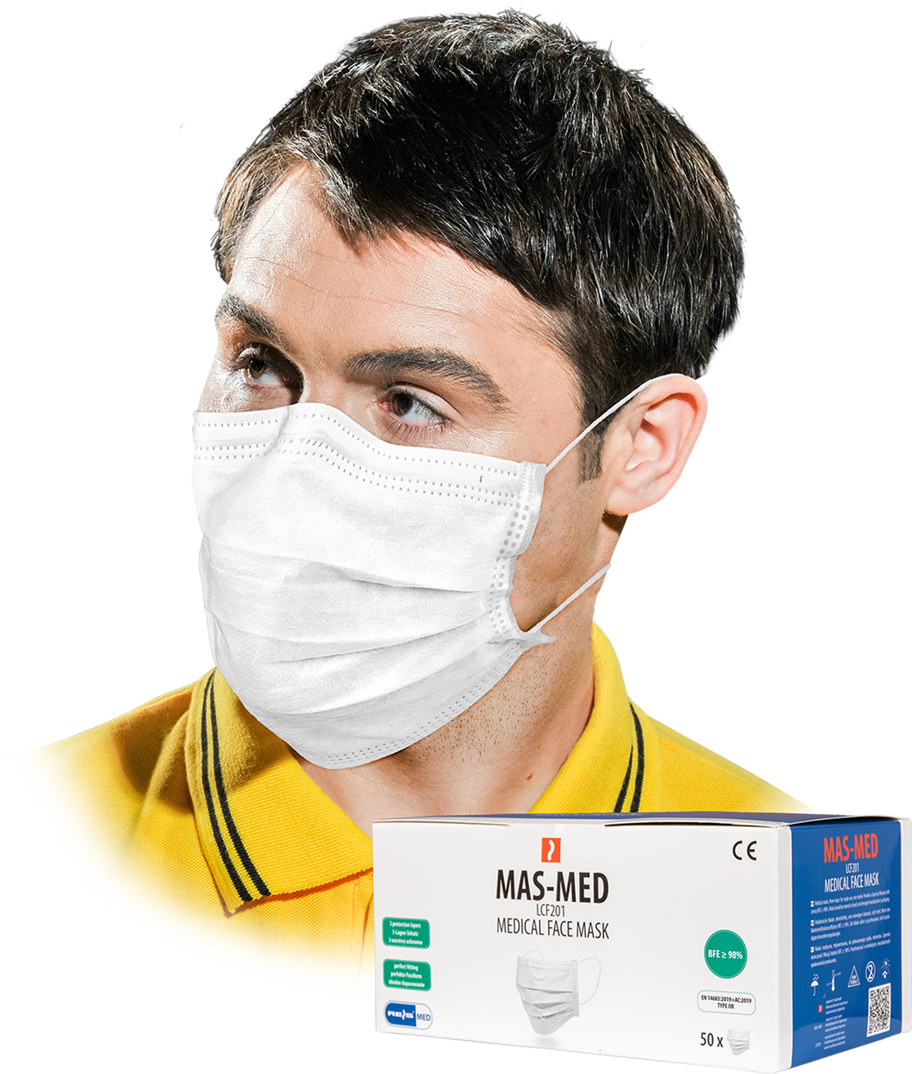 Trijų sluoksnių medicininė kaukė iš polipropileno.  storis: 25 g/m² + 25 g/m² + 25 g/m² (1/2/3 sluoksnis) Su dviem elastinėmis juostomis, pritvirtintomis prie šonų metalinė juostelė nosies aukštyje dedama į nedidelę dėžutę su dozatoriumi, leidžiančiu patogiai laikyti maža pakuotė - 50 vnt. atitinka EN14683 (IIR tipas) produktas nėra kvėpavimo takų apsaugos priemonė