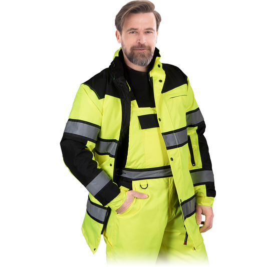 signalinė striukė kelininkams, statybininkams ir vairuotojams. Žieminė, geltonos spalvos.