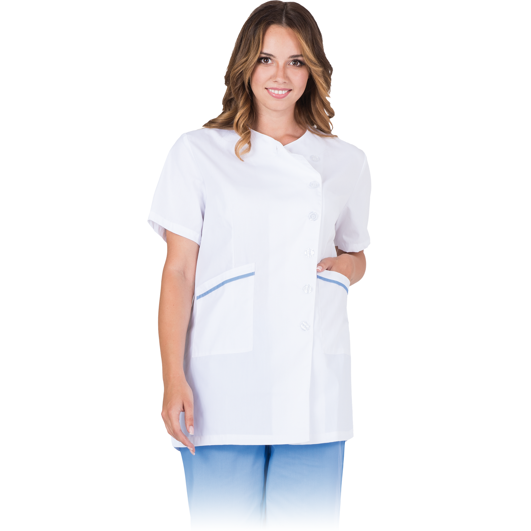 Moteriškas švarkelis. Skirtas darbui paslaugų, medicinos, sveikatos priežiūros, maisto gamybos bei kitose pramonės srityse. Medžiaga: 65% poliesteris, 35% medvilnė Svoris 175 gsm turi dvi šonines kišenes užsegama sagutėmis kišenės dekoruotos dekoratyviomis detalėmis idealiai tinka kosmetikos, medicinos ir chemijos pramonei skalbimas iki 60°C temperatūroje