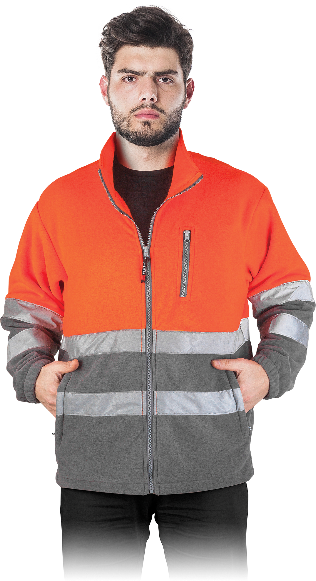 Vyriškas džemperis be kapišono, oranžinės spalvos, su šviesą atspindinčiomis juostomis.