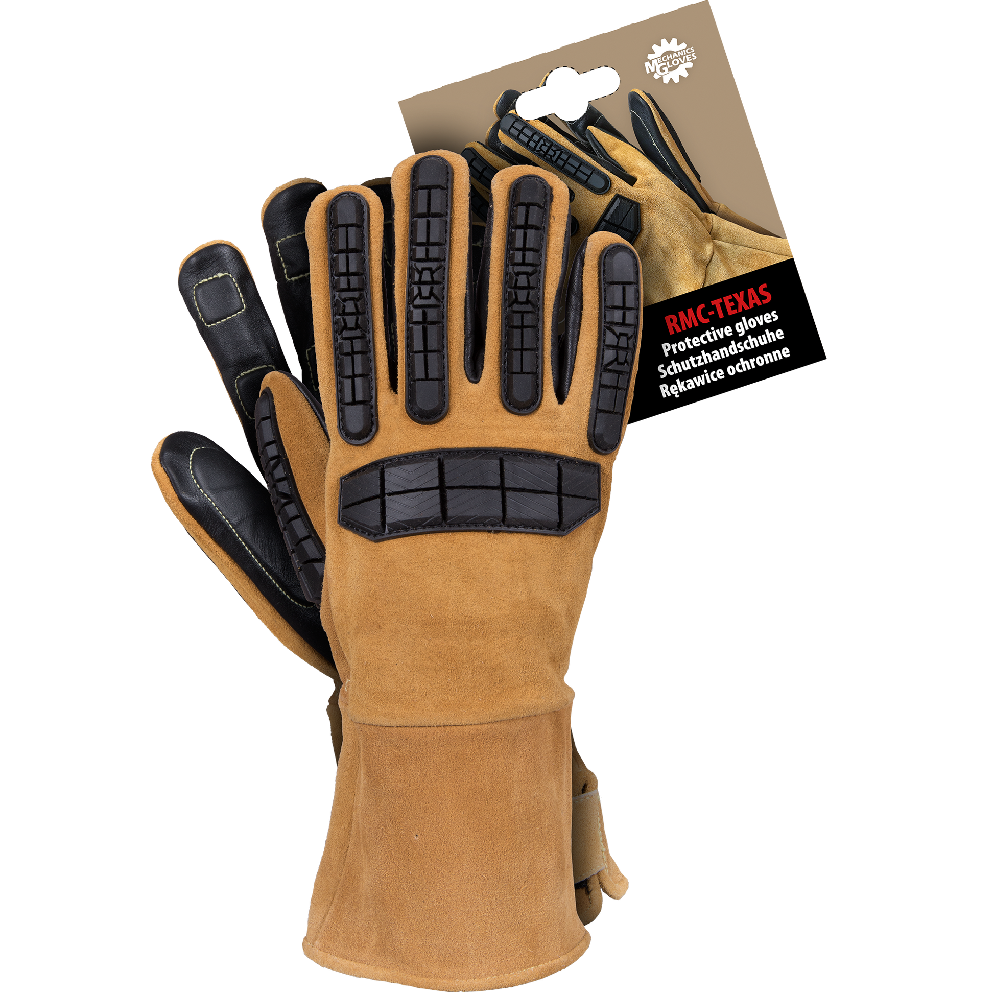 Apsauginės pirštinės, pagamintos iš aukštos kokybės karvės odos, taip pat su ožkos odos intarpais, juodos spalvos.  Pirštinė siekia 30 cm ilgį ir siekia dilbio vidurį, taip apsaugodama didesnę plaštakos dalį siuvami ugniai atspariais ir karščiui atspariais kevlaro siūlais papildomi TPR įdėklai ant gumbų ir pirštų apsaugo nuo traumų ir įbrėžimų sugriebimo dalyje iš vidinės pusės papildomas pamušalas iš EVA, neleidžiantis susidaryti kukurūzams ir įbrėžimams EN 420