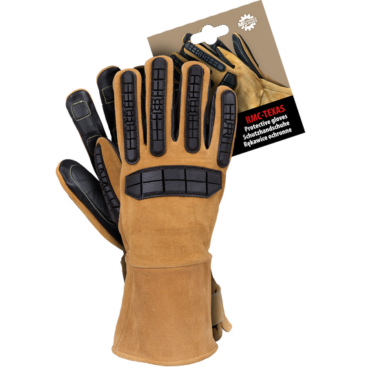 Apsauginės pirštinės, pagamintos iš aukštos kokybės karvės odos, taip pat su ožkos odos intarpais, juodos spalvos.  Pirštinė siekia 30 cm ilgį ir siekia dilbio vidurį, taip apsaugodama didesnę plaštakos dalį siuvami ugniai atspariais ir karščiui atspariais kevlaro siūlais papildomi TPR įdėklai ant gumbų ir pirštų apsaugo nuo traumų ir įbrėžimų sugriebimo dalyje iš vidinės pusės papildomas pamušalas iš EVA, neleidžiantis susidaryti kukurūzams ir įbrėžimams EN 420