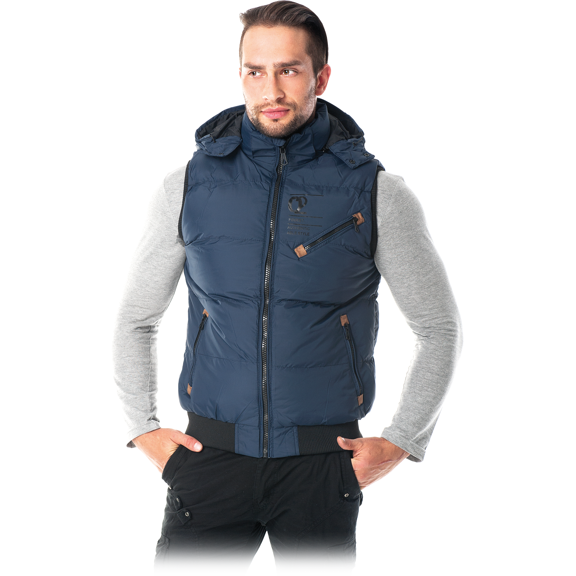 Šilta vyriška liemenė darbui bei laisvalaikiui. Dygsniuota, su kapišonu.