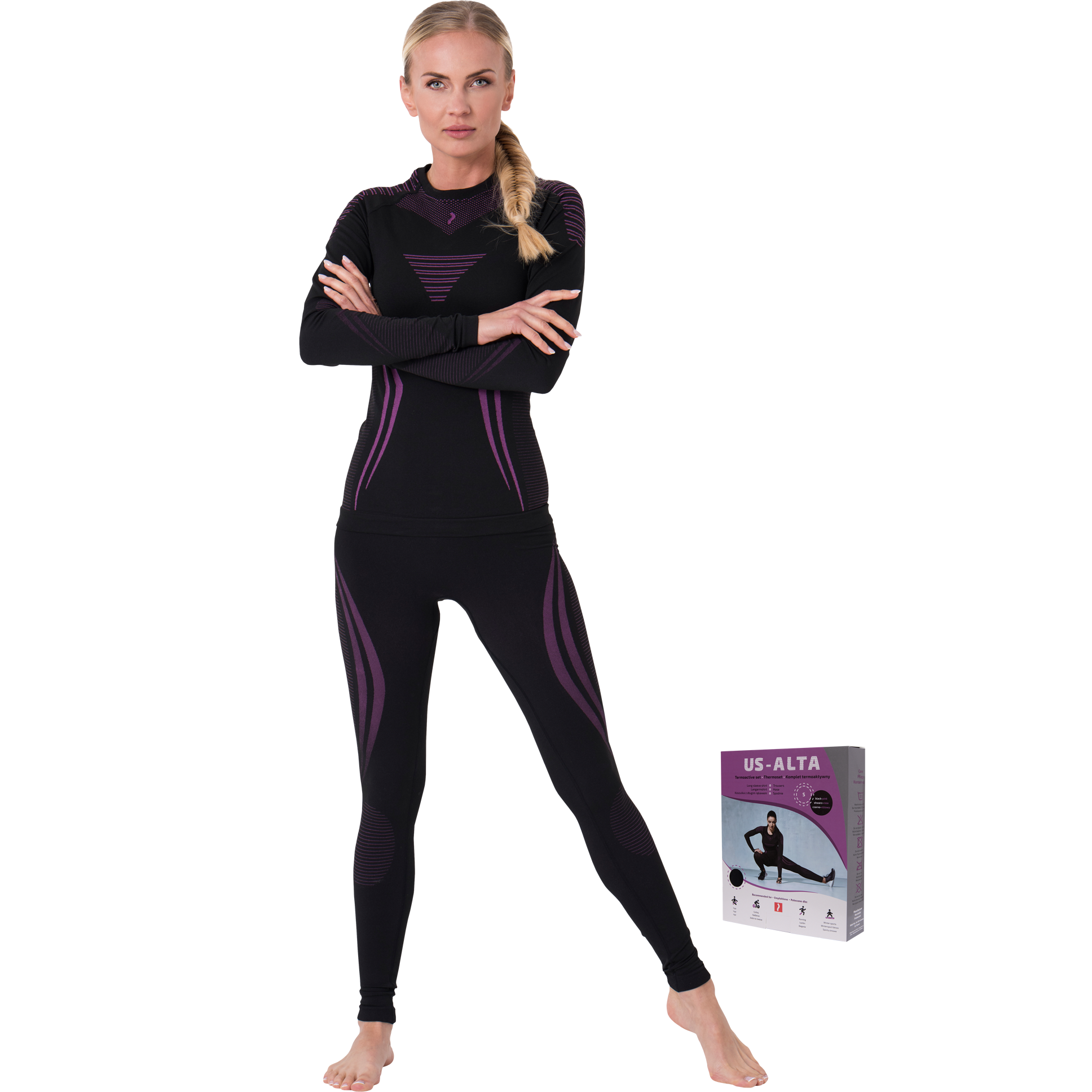 Moteriškas termo komplektas. Komplekte yra termo marškinėliai ir termo kelnės. Kokybiška medžiaga, elastinga ir apsauganti nuo šalčio, pašalinanti prakaitą nuo odos.