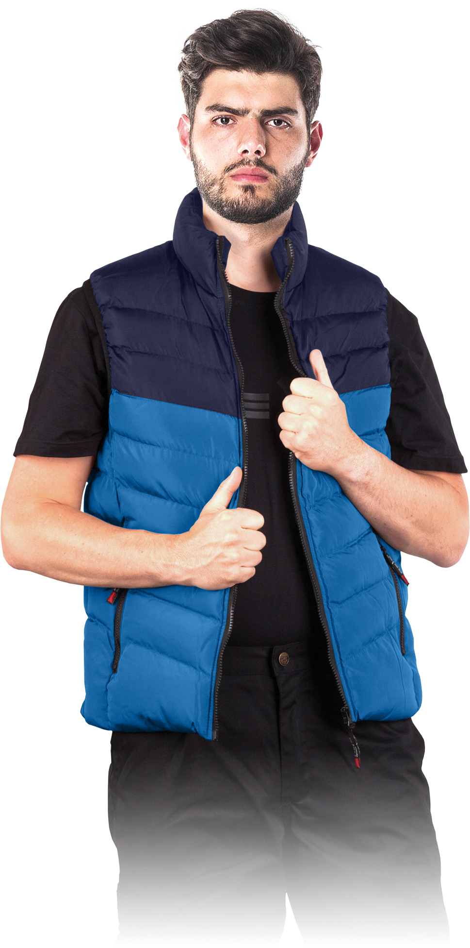 mėlynos spalvos dygsniuota vyriška liemenė įmonėms ir darbui