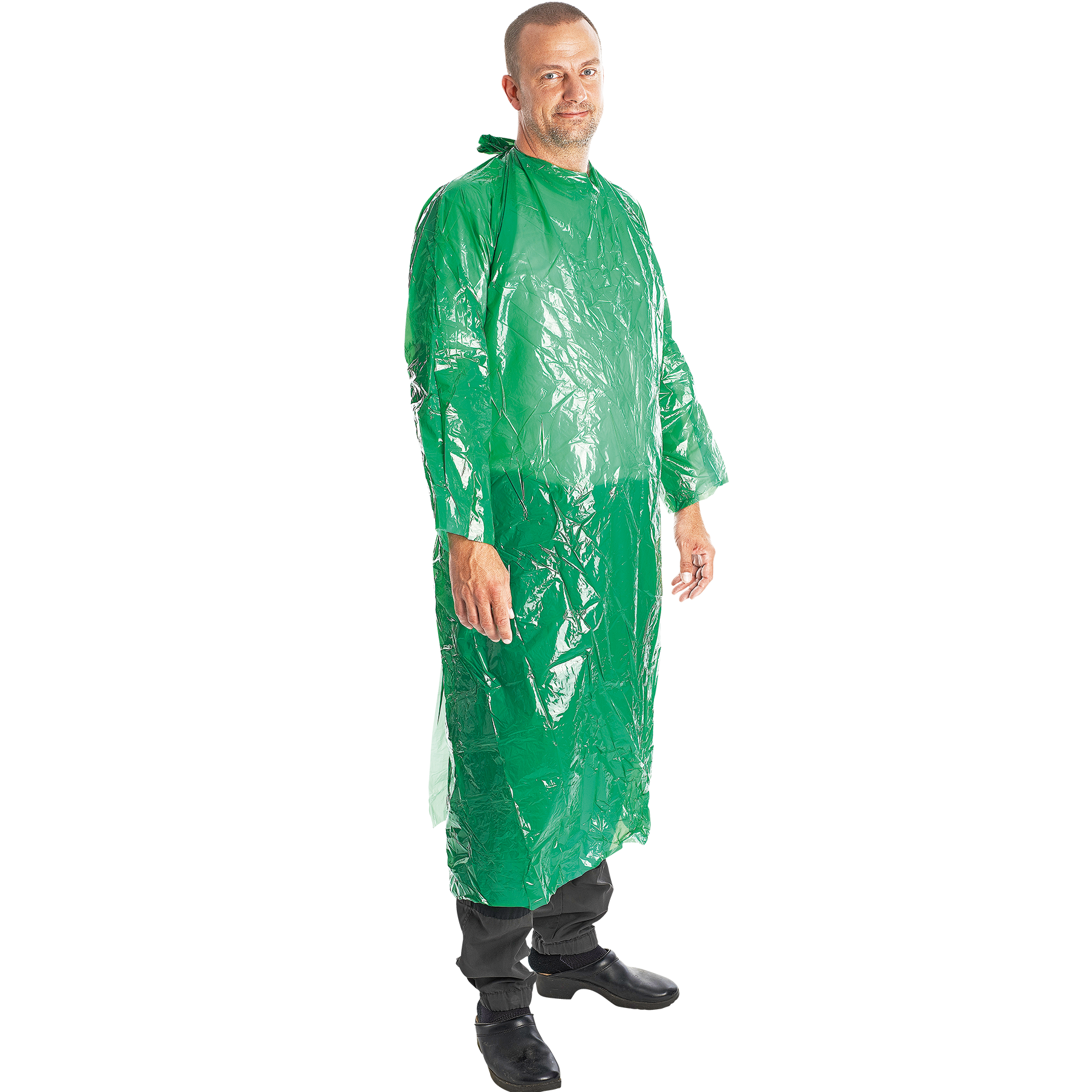 Nesterili vienkartinė prijuostė, 130 cm ilgio, su tvirtinimu prie riešų ir kaklo, skirta maisto pramonei ir sveikatos priežiūros paslaugoms, 25 vnt. pakuotė.