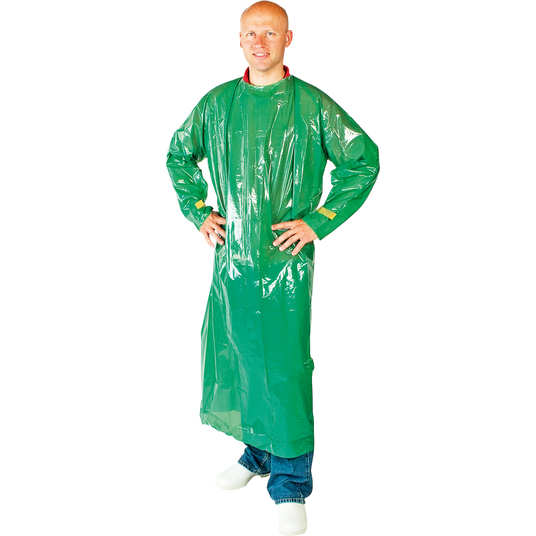 Sterili vienkartinė prijuostė, 130 cm ilgio, su tvirtinimu prie riešų ir kaklo, skirta maisto pramonei, sveikatos priežiūrai ir medicinos paslaugoms, 25 vnt. pakuotė.