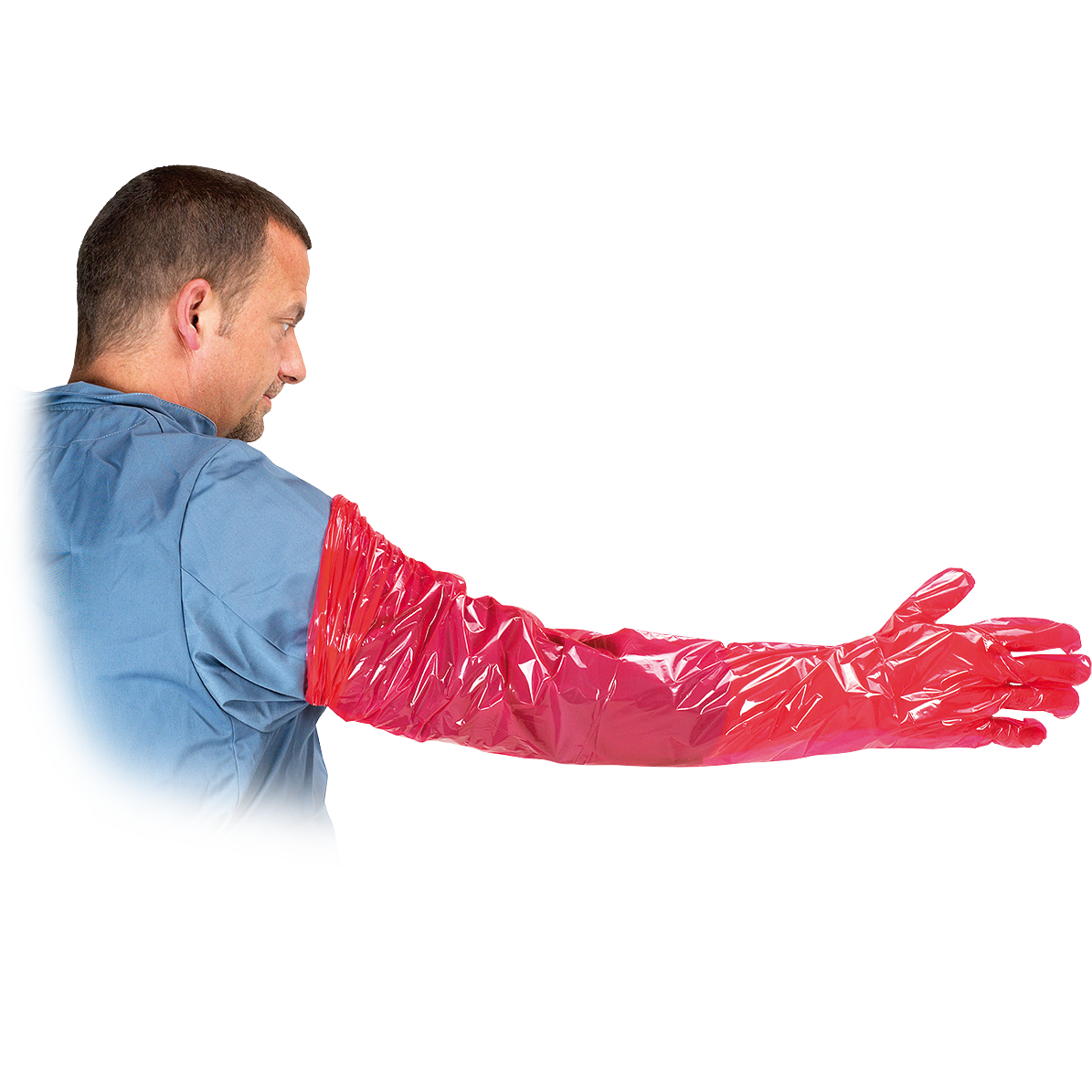 Veterinarinės vienkartinės pirštinės KRU-RVET – ilgos, 90 cm, minkštas polietilenas, rektaliniams tyrimams ir žemės ūkio darbams, 100 vnt. pakuotė.