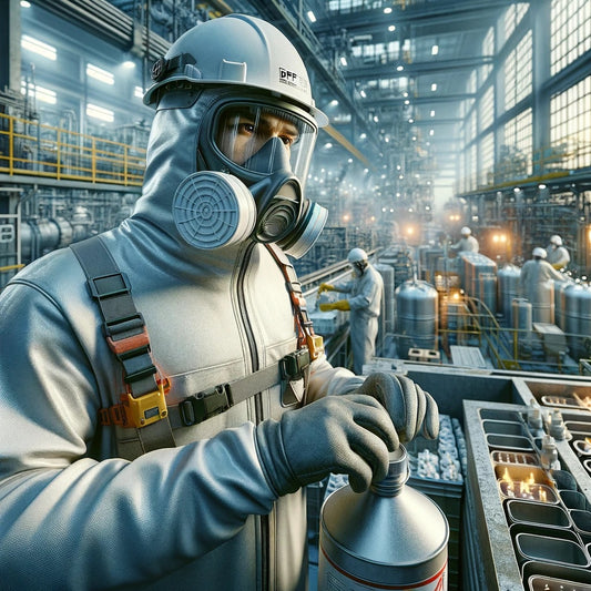Darbuotojas su FFP3 respiratoriumi pramoninėje gamykloje, tvarkantis pavojingas medžiagas, su apsauginiais drabužiais ir fone matoma pramoninė įranga.l, su darbo rubais, kurie apsaugo darbuotoją.