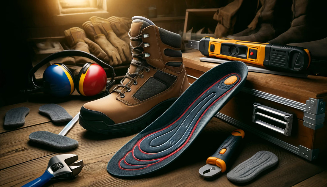 Ergonomiški vidpadžiai ir šilti batų įdėklai šalia profesionalių darbo batai, pabrėžiantys darbo saugumą ir komfortą