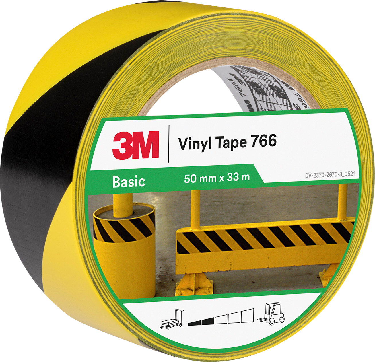 3M™ Vinyl Tape 766 yra ryškiai geltonos ir juodos spalvos vinilinė juosta, skirta įvairiems perspėjimo ir žymėjimo tikslams. Ji puikiai tinka grindų, sienų, vamzdžių ir kitų paviršių žymėjimui, ypač lengvo eismo zonose.