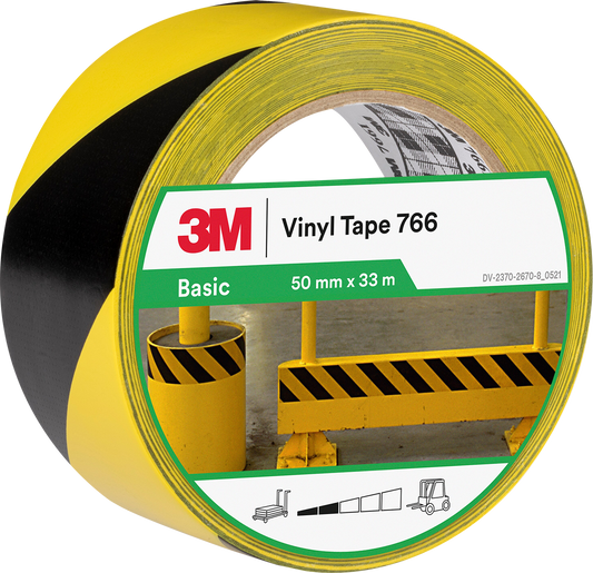 3M™ Vinyl Tape 766 yra ryškiai geltonos ir juodos spalvos vinilinė juosta, skirta įvairiems perspėjimo ir žymėjimo tikslams. Ji puikiai tinka grindų, sienų, vamzdžių ir kitų paviršių žymėjimui, ypač lengvo eismo zonose.