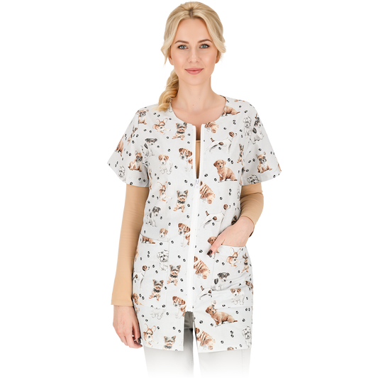 Veterinarijos sričiai sukurta moteriška tunika PUPPY, su užtrauktuku