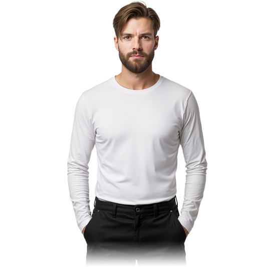 Vyriški marškinėliai LONGSLEEVE, ilgomis rankovėmis, 100% medvilnės, balti
