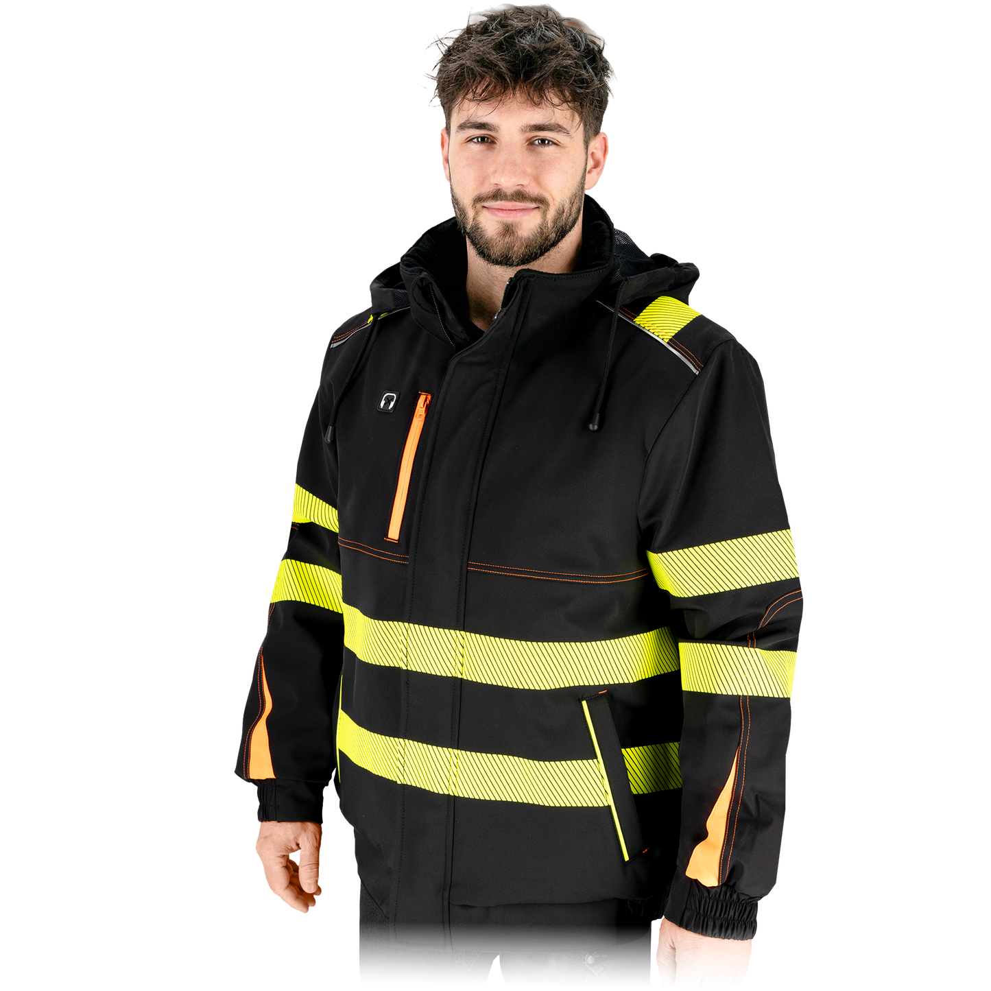 3-jų sluoksnių softshell audinio žieminė darbo striukė IROCO, su kapišonu ir šviesą atspindinčiomis juostomis