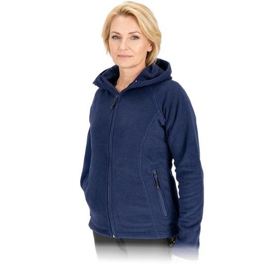 Minkštas, šiltas ir patogus moteriškas flisinis džemperis POLAR LADY, su gobtuvus, mėlynos spalvos