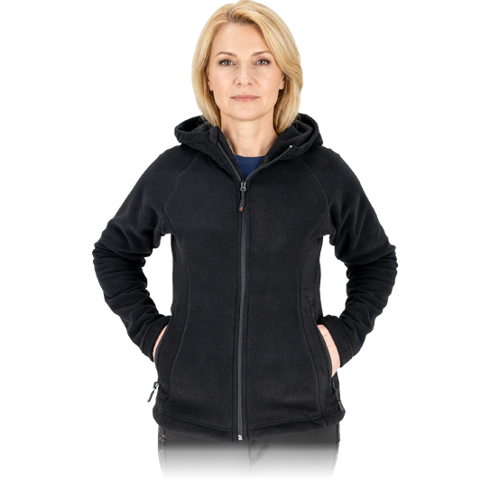 Minkštas, šiltas ir patogus moteriškas flisinis džemperis POLAR LADY, su gobtuvus, juodos spalvos