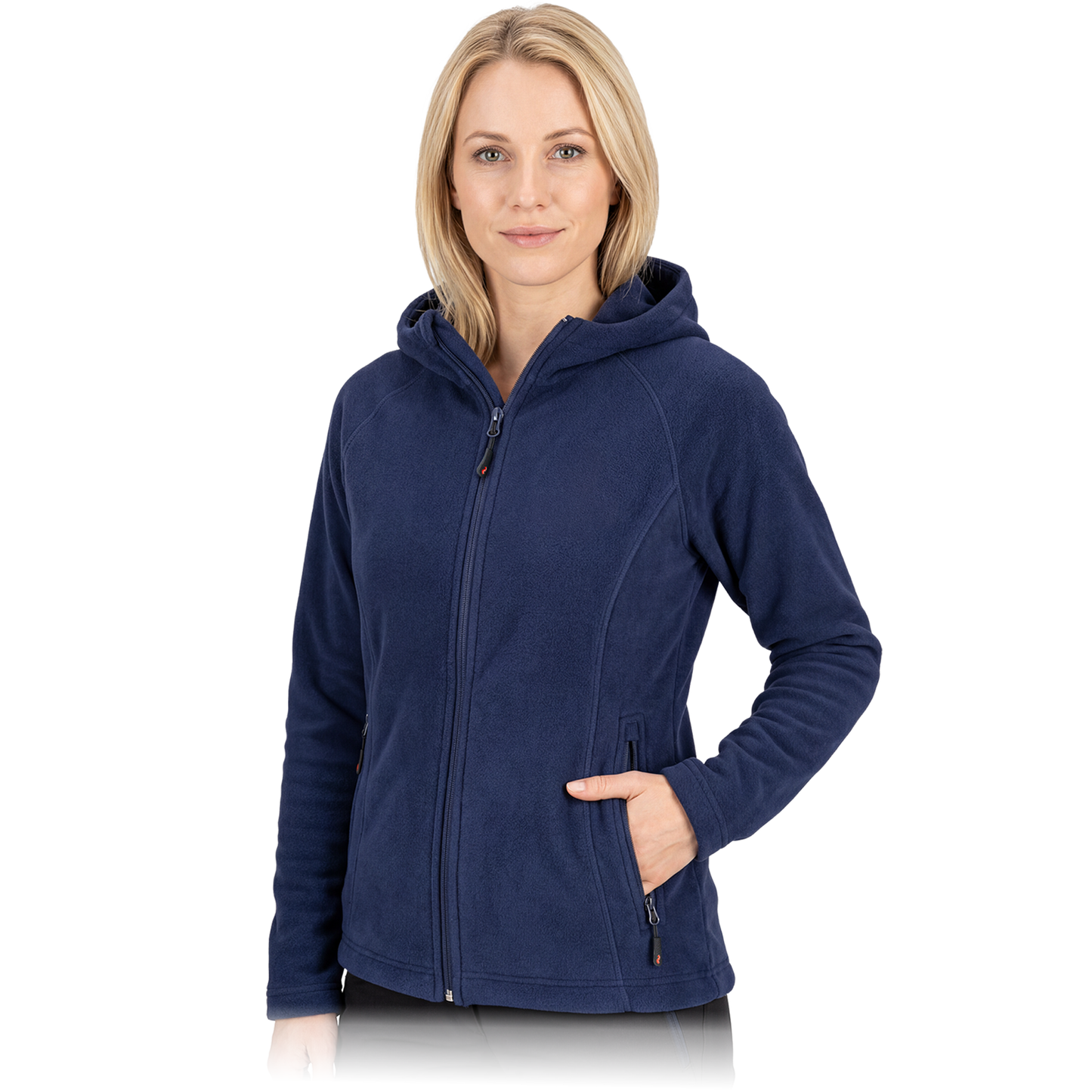 Minkštas, šiltas ir patogus moteriškas flisinis džemperis POLAR LADY, su gobtuvus, mėlynos spalvos