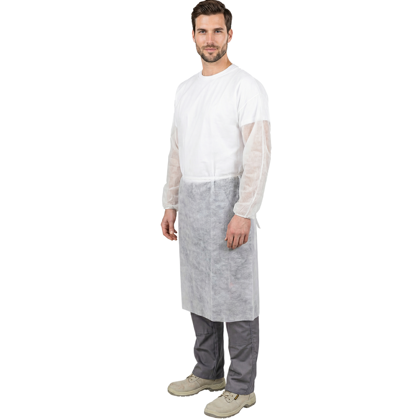 Prijuostė iš polipropileno VISIT, ilgomis rankovėmis (10 vnt.), baltos spalvos