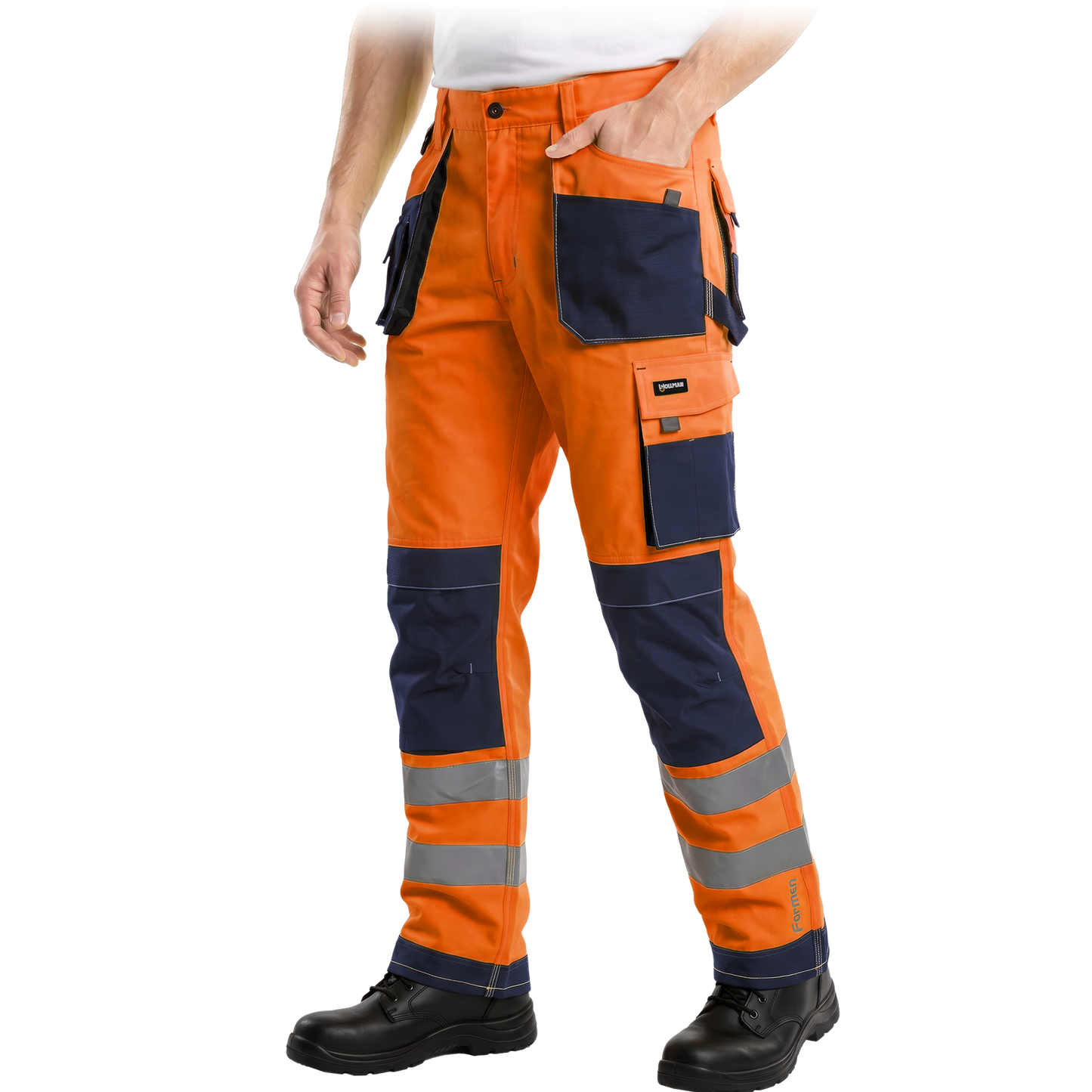 Tvirtos darbo kelnės FORMEN VIS, oranžinės spalvos su tamsiai mėlynais intarpais