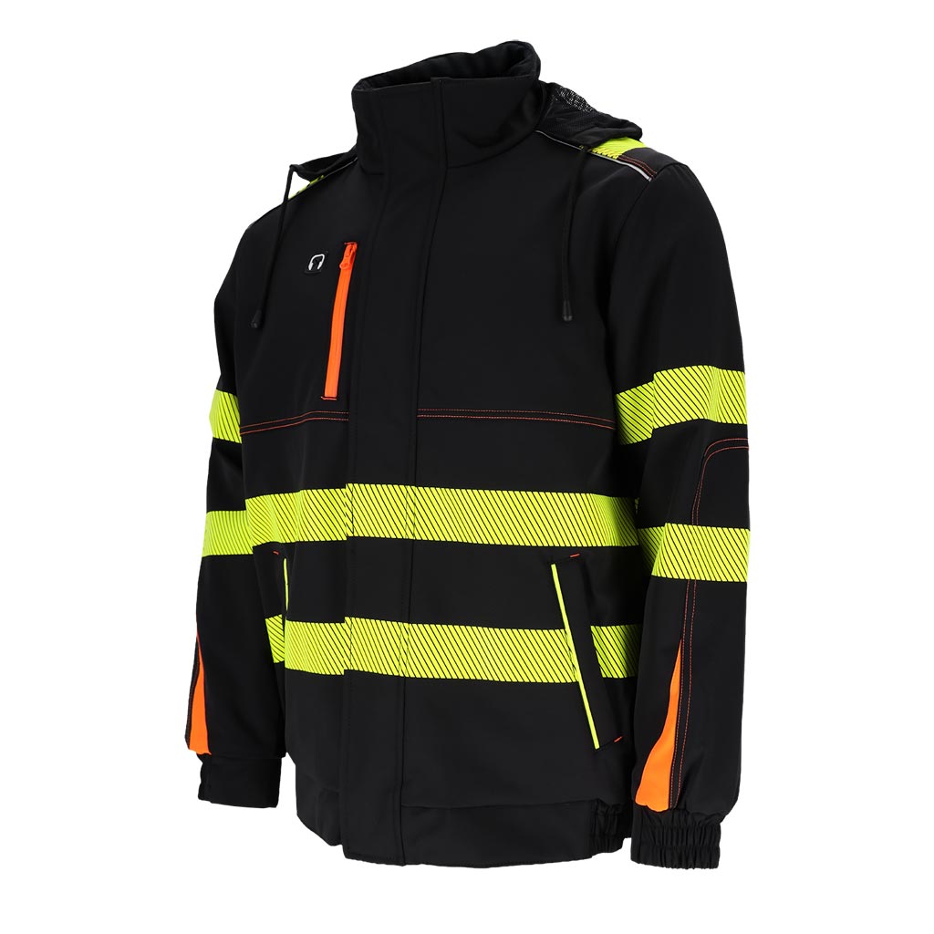 3-jų sluoksnių softshell audinio žieminė darbo striukė IROCO, su kapišonu ir šviesą atspindinčiomis juostomis