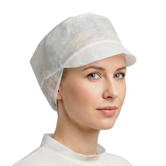 vienkartines kepureles darbui maisto gamybos sirtyje su snapeliu 